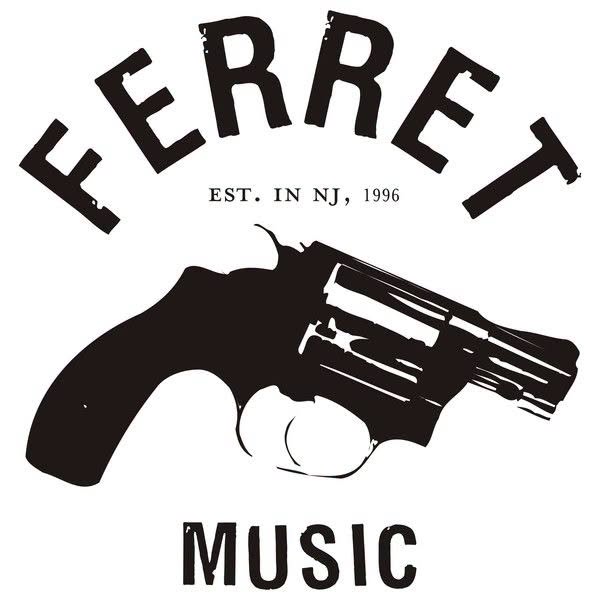 Black and white logo with a revolver illustration in the center, FERRET arched above, EST. IN NJ, 1996 in small text, and MUSIC below.
