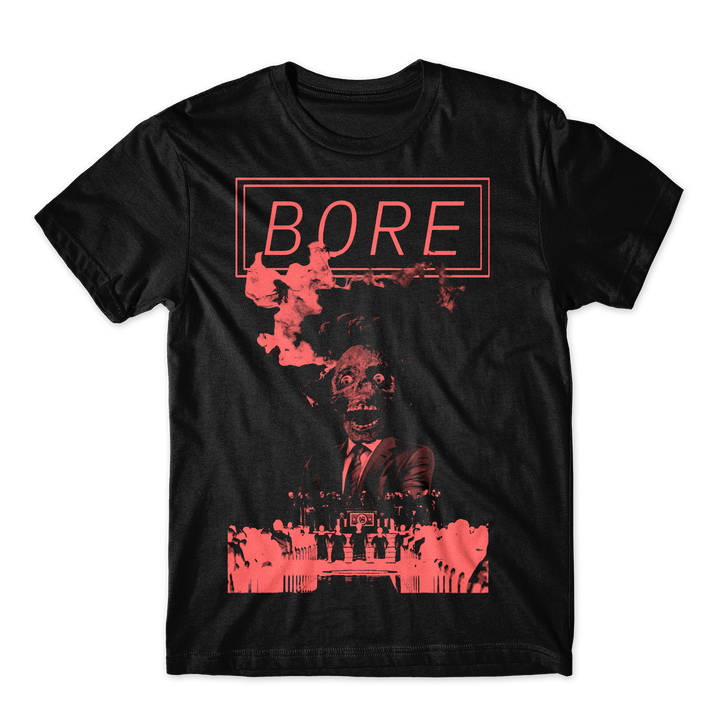 Introducing the Spooky - Black T-Shirt: crafted from premium combed cotton, this ASColour 5001 regular fit tee features a striking red graphic of a creepy skeleton in a suit surrounded by smoke and a crowd scene. The bold word “BORE” sits at the top within a rectangle border, creating comfort and standout style in one unique shirt.