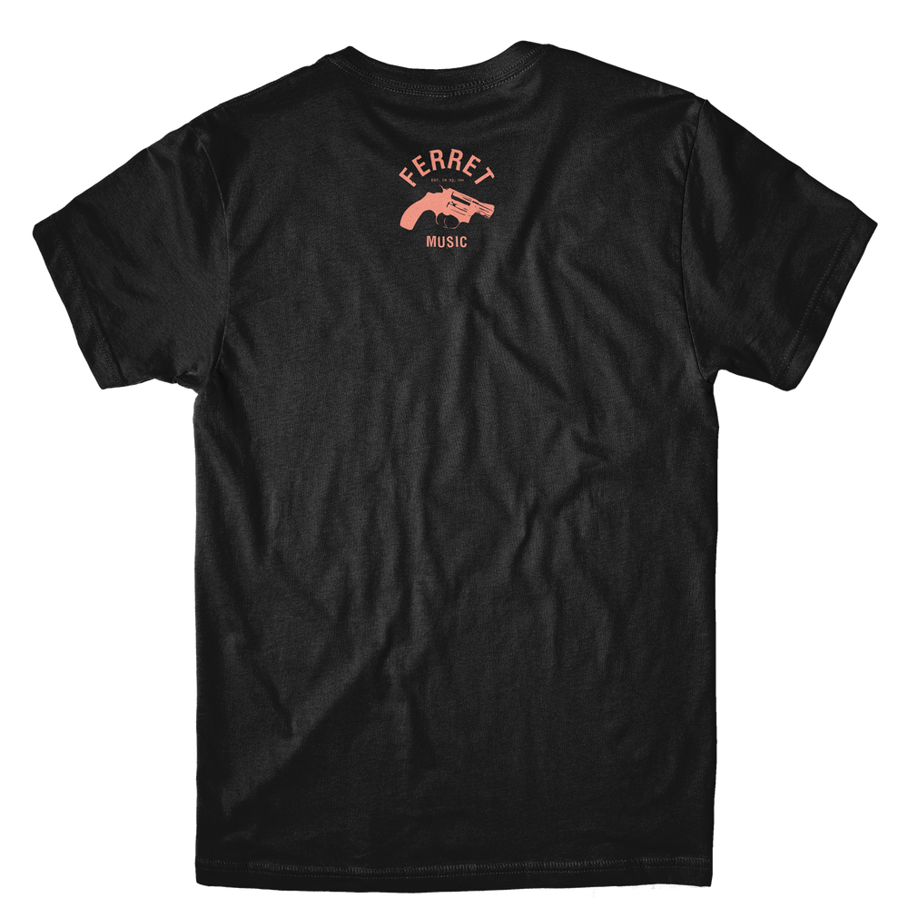 The Spooky - Black T-Shirt is crafted from soft combed cotton and features a regular fit for comfortable everyday wear. It showcases FERRET and MUSIC printed in orange on the upper back, complemented by an orange graphic of a hand holding a ferret.