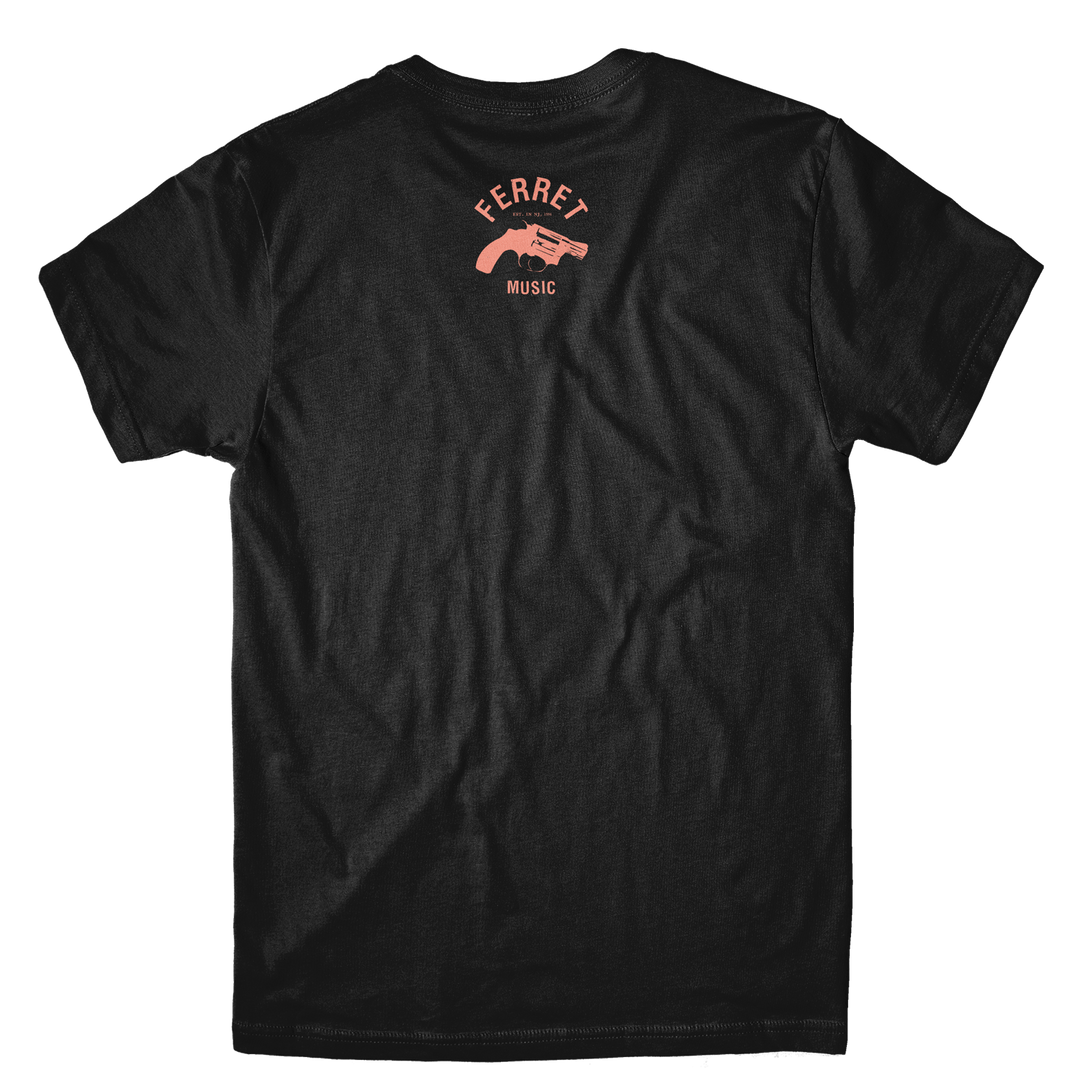 The Spooky - Black T-Shirt is crafted from soft combed cotton and features a regular fit for comfortable everyday wear. It showcases FERRET and MUSIC printed in orange on the upper back, complemented by an orange graphic of a hand holding a ferret.