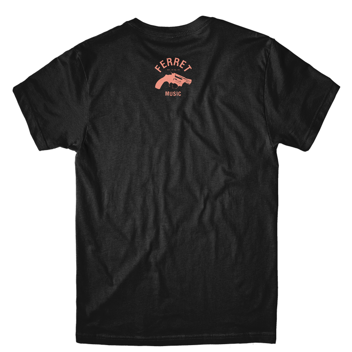 The Spooky - Black T-Shirt is crafted from soft combed cotton and features a regular fit for comfortable everyday wear. It showcases FERRET and MUSIC printed in orange on the upper back, complemented by an orange graphic of a hand holding a ferret.