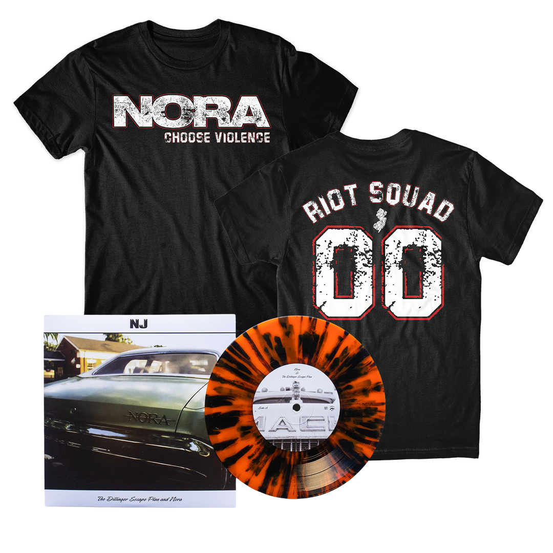 Nora Split 7″ Bundle featuring two Gildan Softstyle t-shirts showing the front and back of a NORA 4th Grade Dropout design, an album cover with a vintage car, and a marbled orange and black vinyl record.