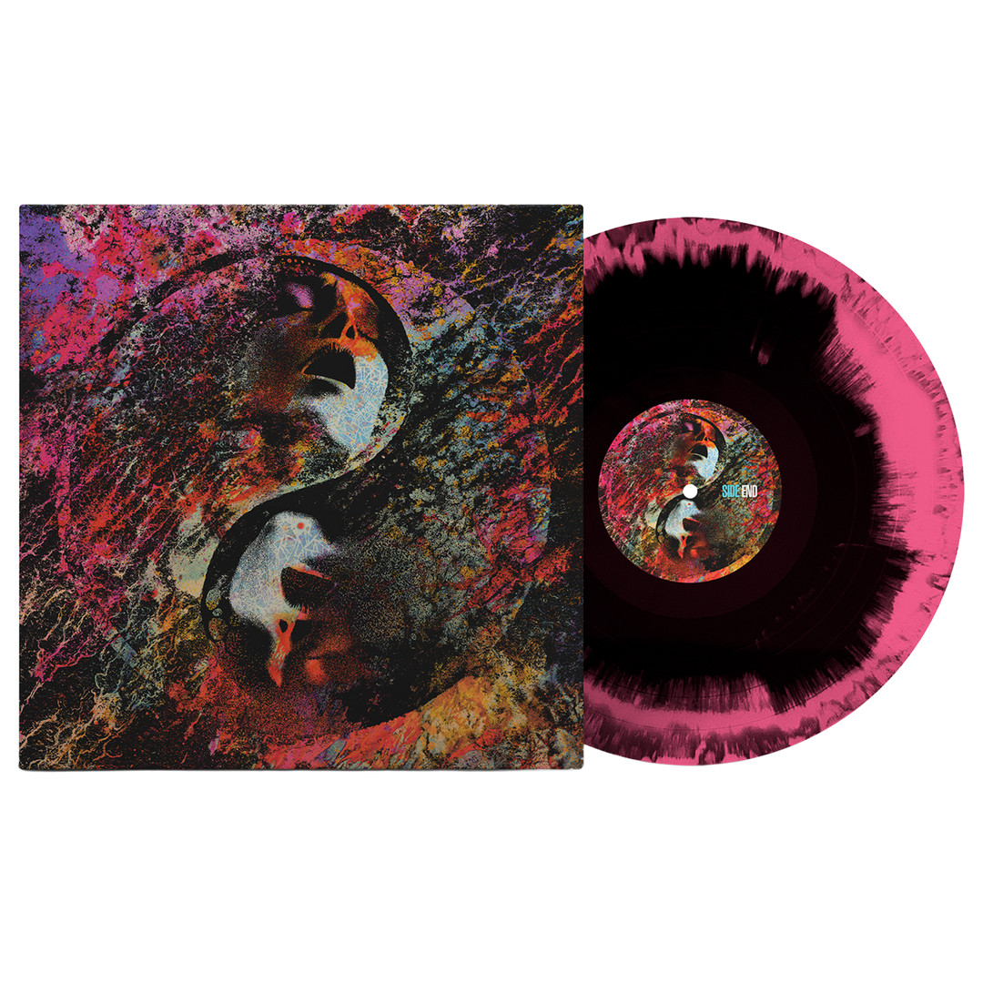 Gather & Mourn - Black/Pink Aside/Bside Vinyl LP sleeve featuring a yin-yang design of two faces, set next to a matching pink and black burst-effect vinyl record.