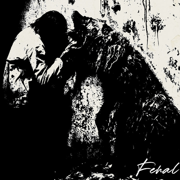 A person in a white jacket stands before a large, shadowy wolf-like figure against a weathered wall, the entire scene rendered in dramatic black and white contrasts that evoke the brooding atmosphere typical of Ferret Music. In the corner, “Feral” appears in bold text—mirroring the exclusivity and distinct style of the Feral - Test Press LP cover.