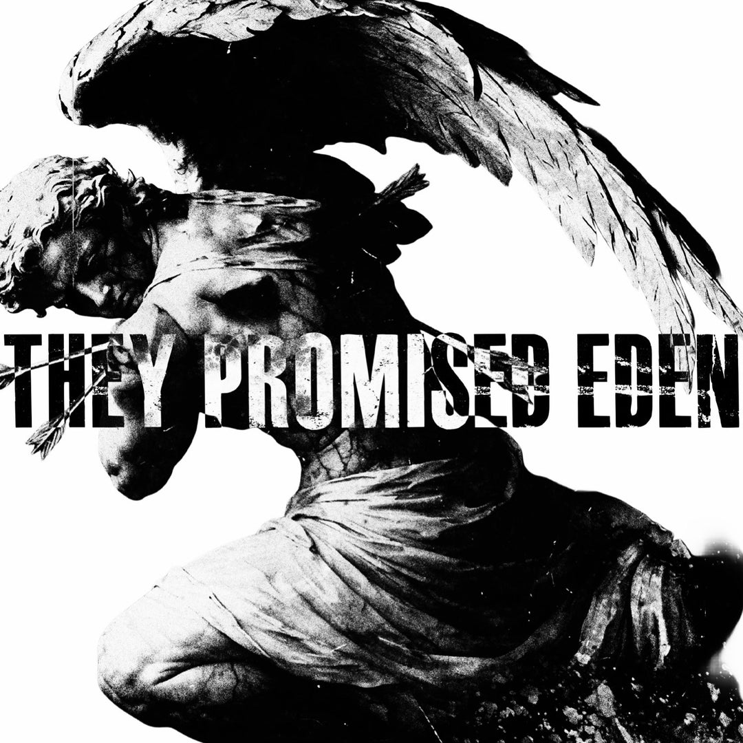 High-contrast, black and white image for the They Promised Eden - Test Press LP, showing a classical statue of a winged figure kneeling with a Cachexia arrow, with the text THEY PROMISED EDEN overlaid in large, bold, black capital letters.