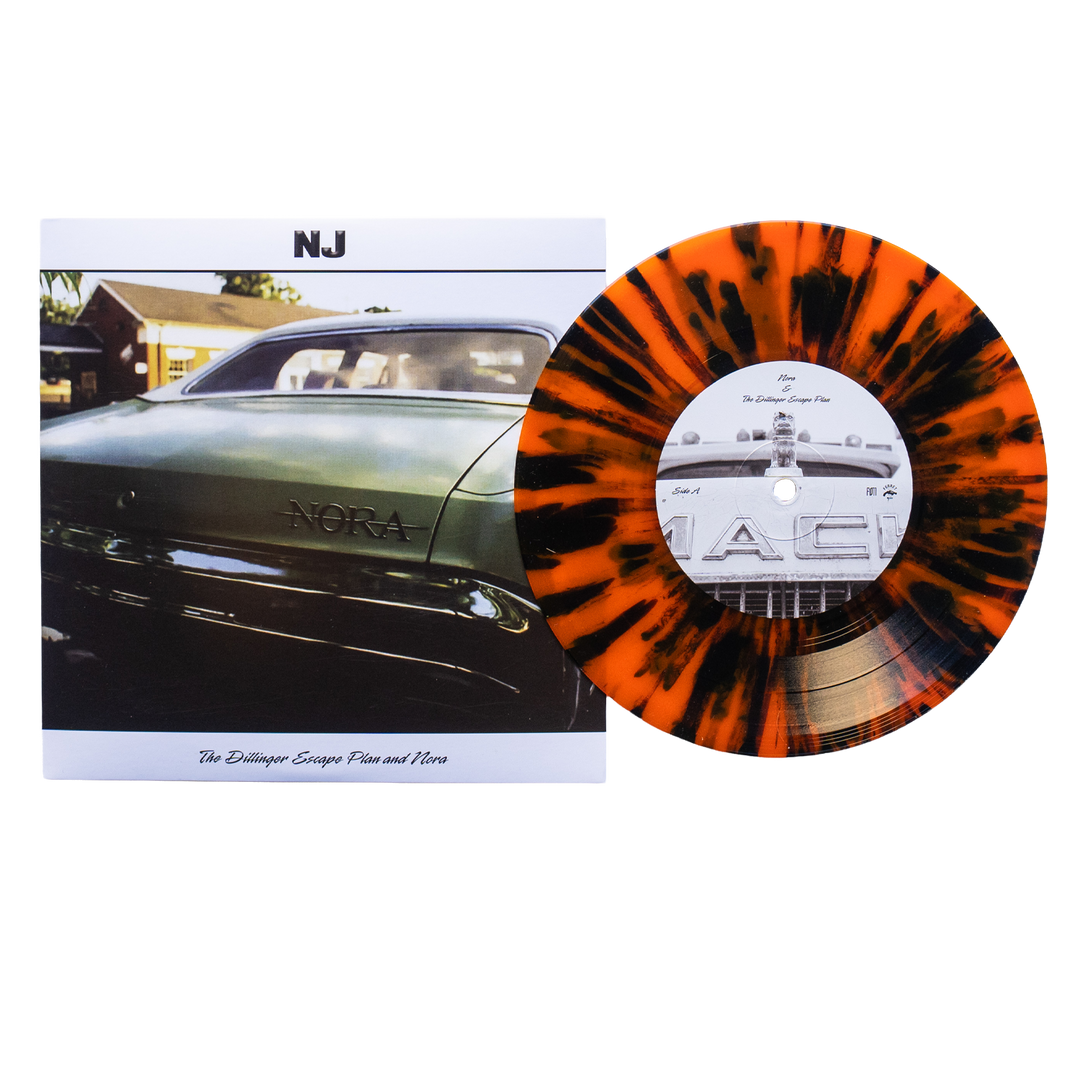 Nora/Dillinger Escape Plan- NJ Split - Orange w/ Black Splatter - Vinyl 7″ sleeve featuring a green car and a seven-inch orange vinyl disc with black splatter.