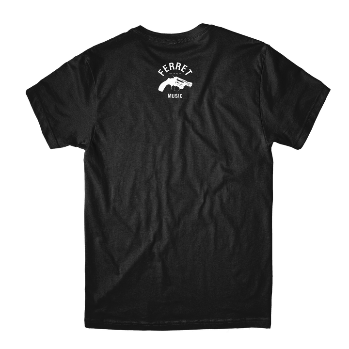 Alive &amp; Well - Black T-Shirt crafted from premium combed cotton, featuring a small white graphic of two hands shaking and the words FERRET MUSIC on the upper back—a classic addition to any wardrobe and a standout among staple t-shirts. Printed on the renowned ASColour 5001.