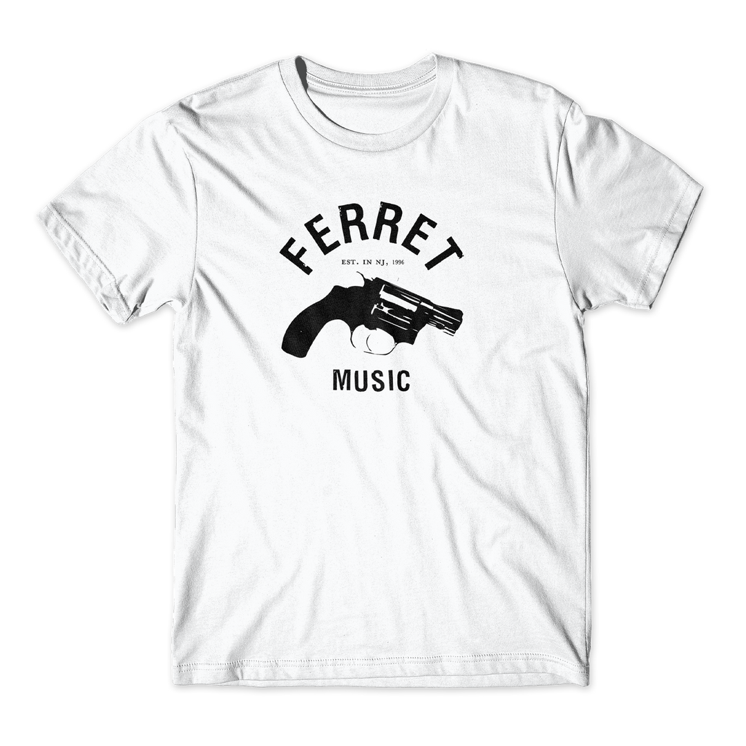 Introducing the Gun Logo (Black) - White T-Shirt: crafted from premium combed cotton and built on the classic ASColour 5001 silhouette. This staple tee features bold FERRET MUSIC text and a vintage revolver graphic on the front, with “EST. IN NJ, 1996” displayed between FERRET and the gun image—offering lasting comfort and style for fans of timeless t-shirts.