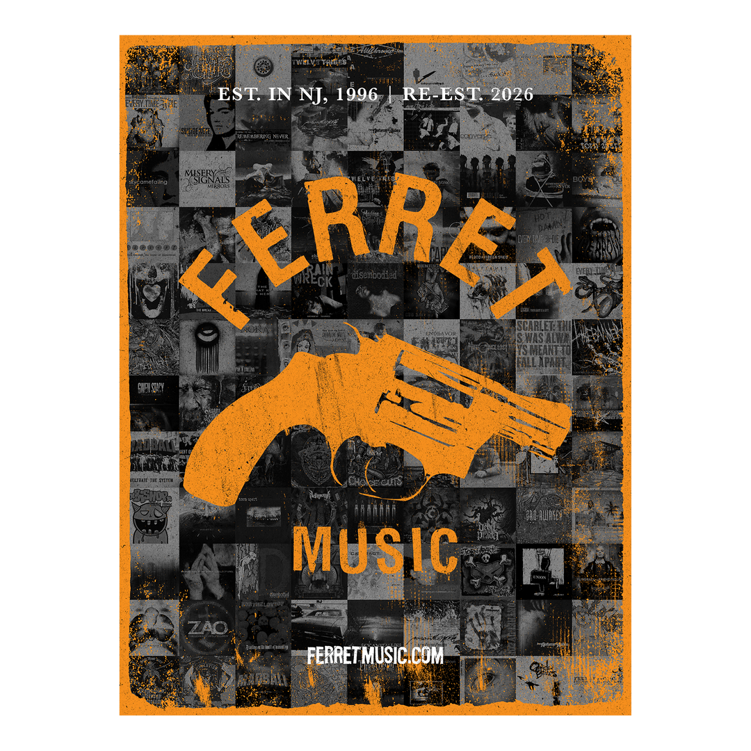 Introducing the Collage 18″ x 24″ Poster w/ Poster Tube: this vibrant design features a collection of album covers, highlighted by a bold orange revolver and FERRET MUSIC text overlay to create the look of an energetic poster. “EST. IN NJ, 1996 | RE-EST. 2026” appears at the top, while ferretmusic.com is displayed at the bottom—making this poster perfect for showcasing or safely storing in its included tube.