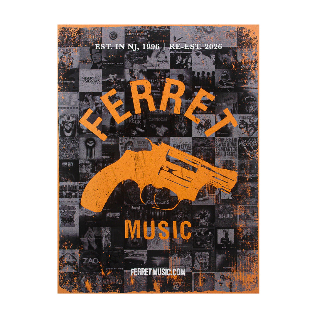 Showcase your love for music history with the Collage 18″ x 24″ Poster w/ Poster Tube, featuring an eye-catching orange revolver and “FERRET MUSIC” text over a vibrant collage of album covers. At the top, you’ll find “EST. IN NJ, 1996 | RE-EST. 2026.” This dynamic poster arrives ready to display or store securely in an included poster tube. The website ferretmusic.com is printed at the bottom for an authentic finishing touch.