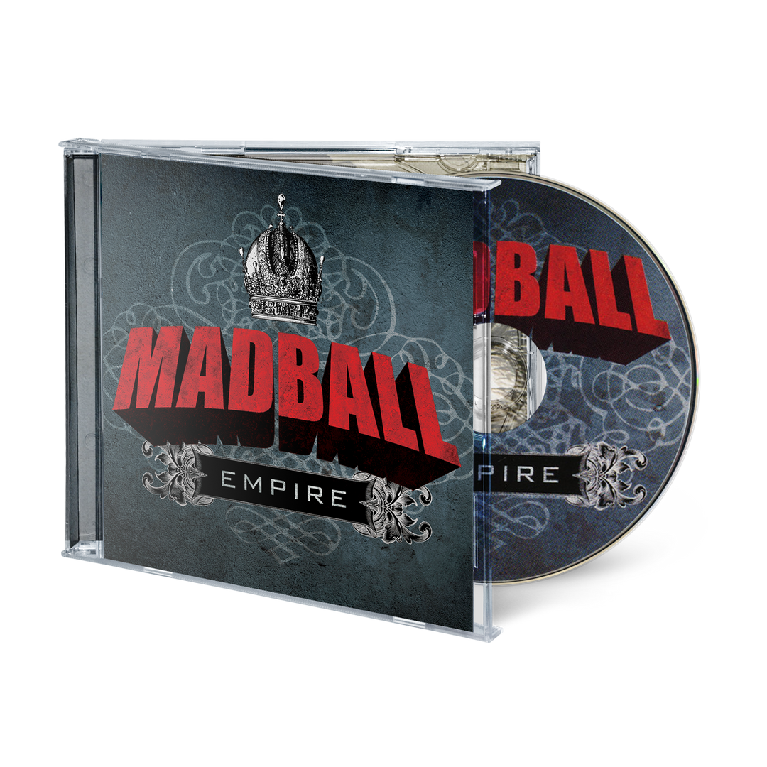 The Empire - CD case and its disc feature the band name Madball and the title Empire below a crown illustration, with audio mastering by Alan Douches at MANA Recording Studios.