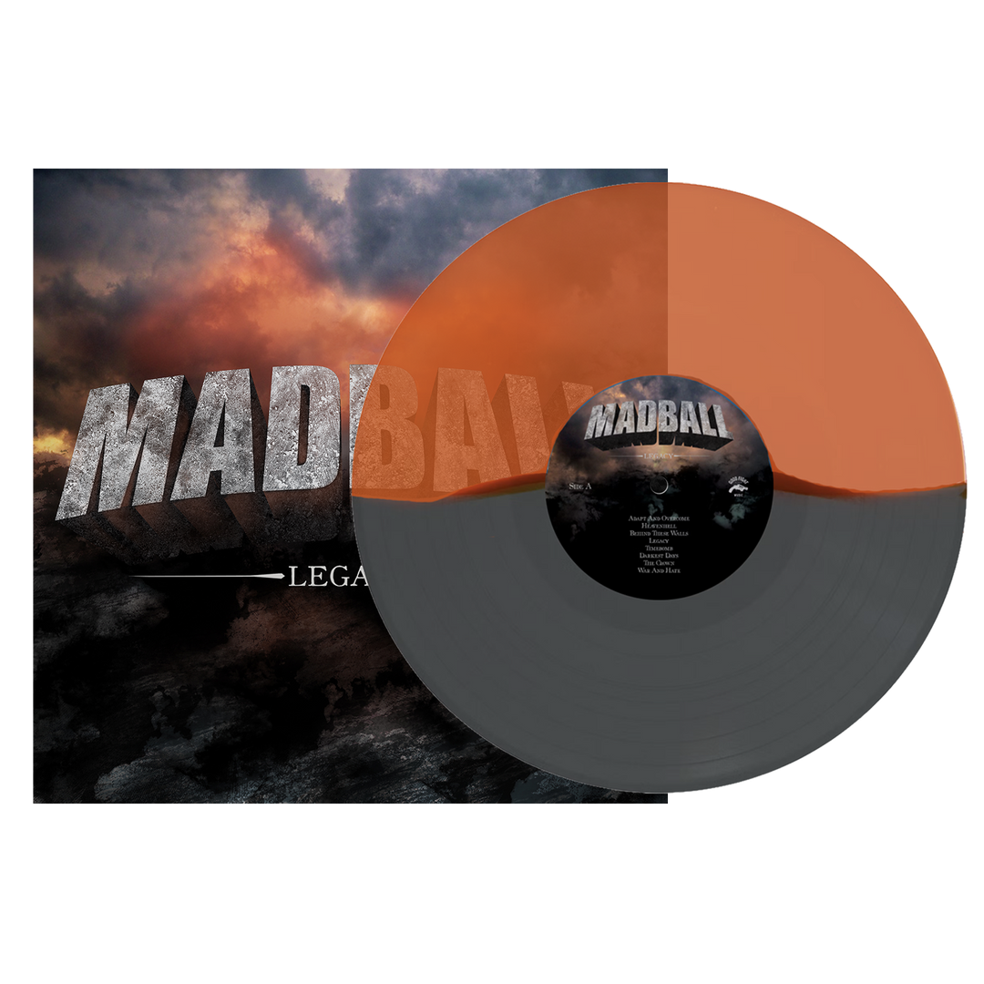 A Legacy - Half Orange/Half Grey Vinyl LP split into orange and grey halves, positioned in front of a Madball Legacy album cover featuring a dark, stormy sky to represent 100% hardcore pride.