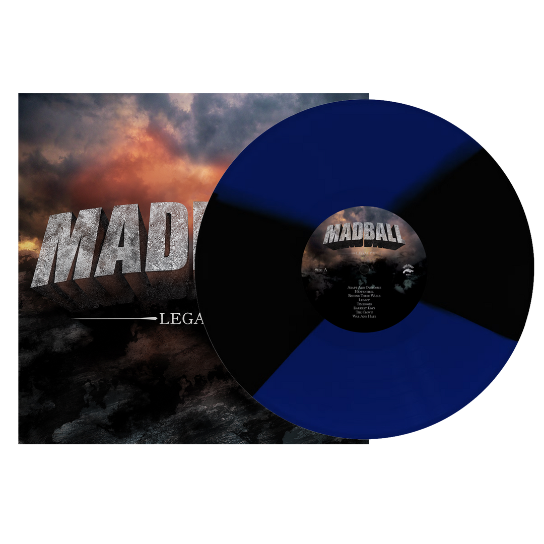 Legacy - Black N’ Blue Quad Vinyl LP album cover next to a blue and black pie-chart patterned vinyl record.