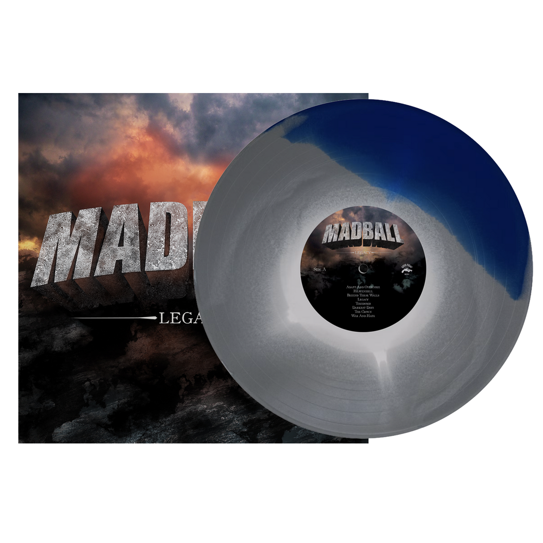 A split blue and silver Legacy - Blue/White/Silver Vinyl LP displayed in front of its album cover featuring a dark, stormy sky.