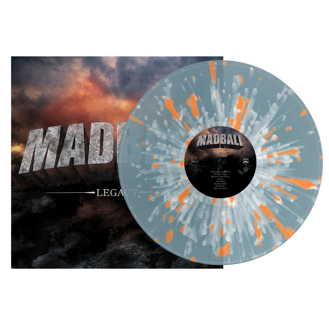 Legacy - Light Blue W/ White & Orange Splatter Vinyl LP displayed next to its 100% hardcore album cover.