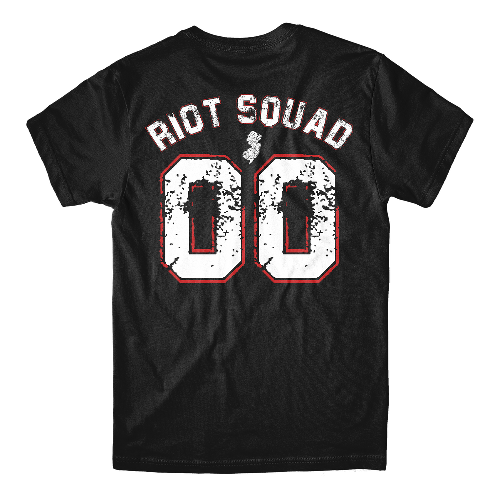 The back of a black Choose Violence - Black T-Shirt featuring RIOT SQUAD in an arched, distressed white font above the number 00, which contains a small silhouette of New Jersey.