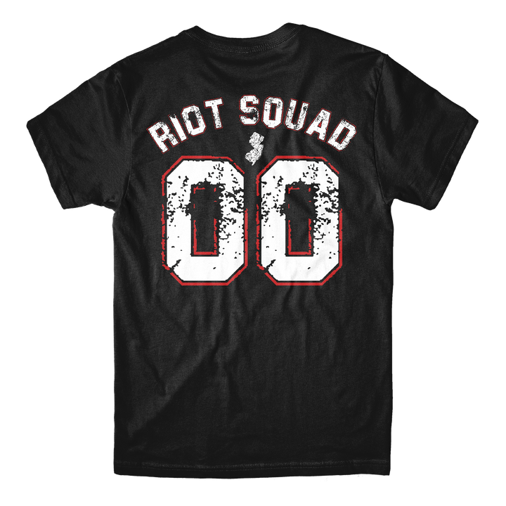 The back of a black Choose Violence - Black T-Shirt featuring RIOT SQUAD in an arched, distressed white font above the number 00, which contains a small silhouette of New Jersey.