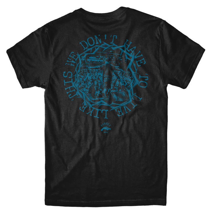 Back view of a Live Shot - Black T-Shirt featuring a blue circular graphic of a concert crowd, a microphone, and the text THIS WE DONT HAVE TO LIVE LIKE.