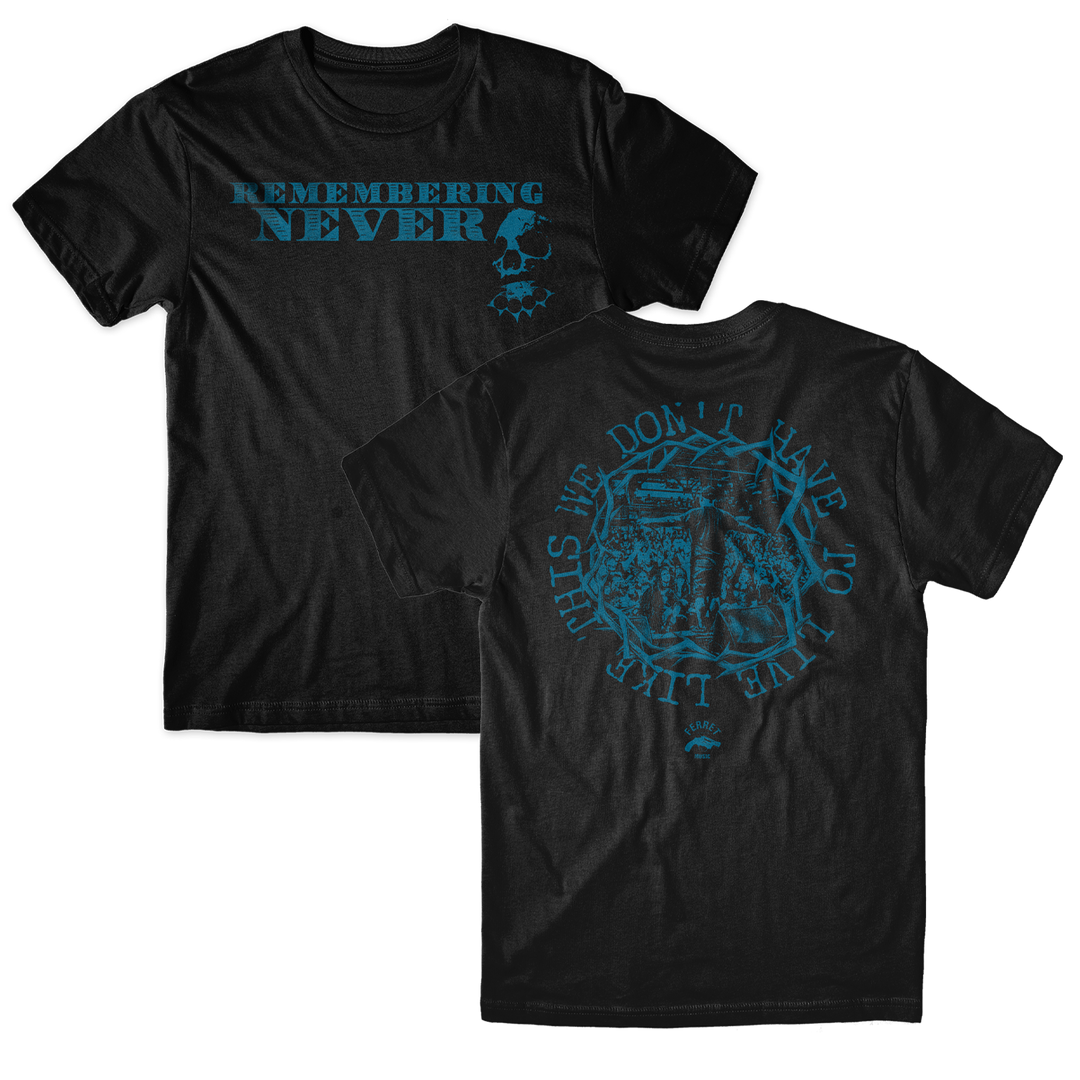 Front and back of a black Live Shot t-shirt featuring blue graphic prints with skull motifs and text.