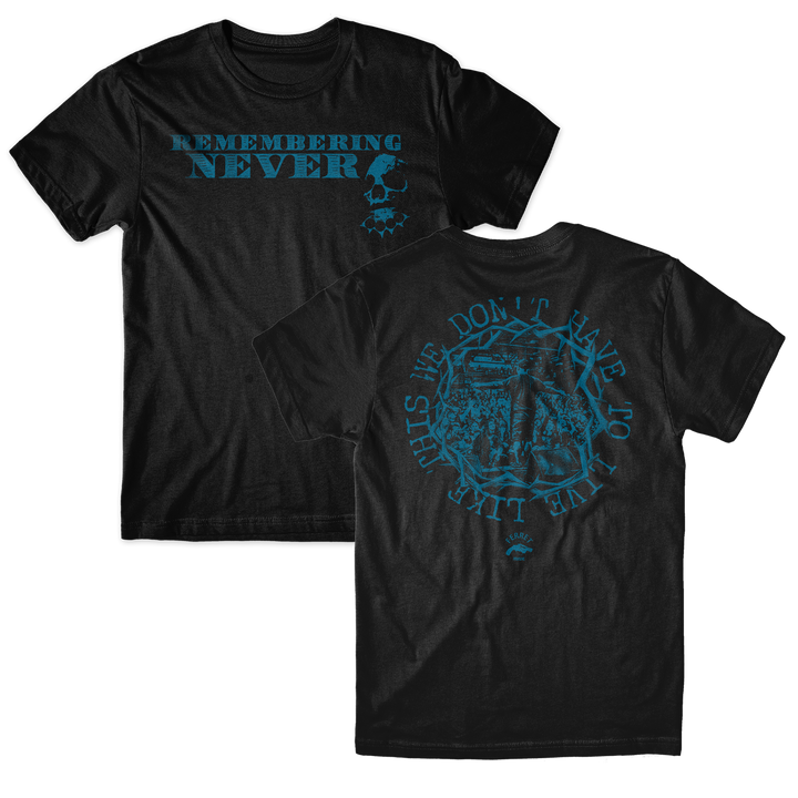 Front and back of a black Live Shot t-shirt featuring blue graphic prints with skull motifs and text.