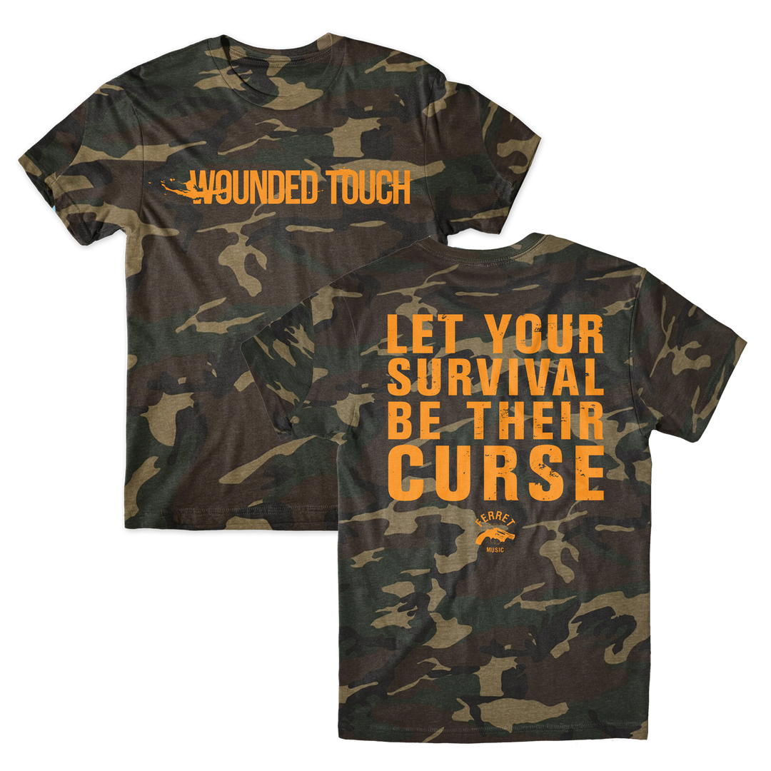 Front and back views of a Curse - Camo T-Shirt; the front reads WOUNDED TOUCH and the back reads LET YOUR SURVIVAL BE THEIR CURSE with a small logo below.