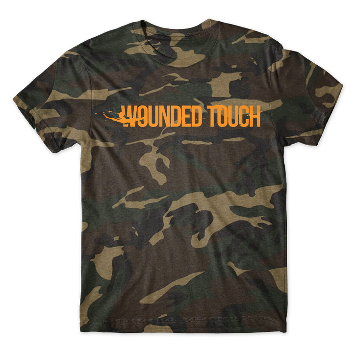 Curse - Camo T-Shirt featuring a regular fit, camouflage pattern, and the orange text WOUNDED TOUCH across the chest.